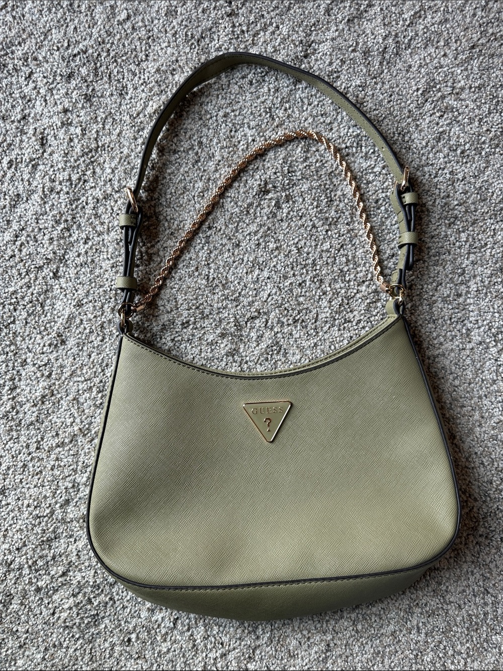 Guess Olive Green Shoulder Bag with Gold Chain Detail